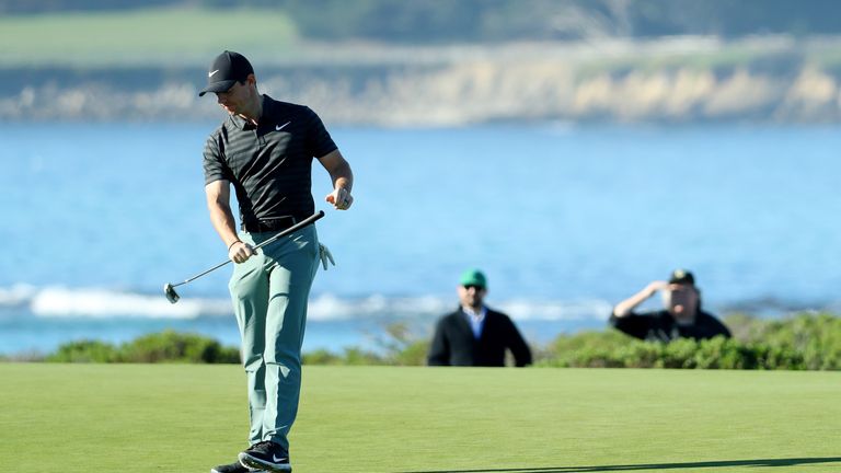 PEBBLE BEACH, CA - FEBRUARY 09:  Rory McIlroy of Northern Ireland reacts after missing a putt on the 13th green during Round Two of the AT&T Pebble Beach P