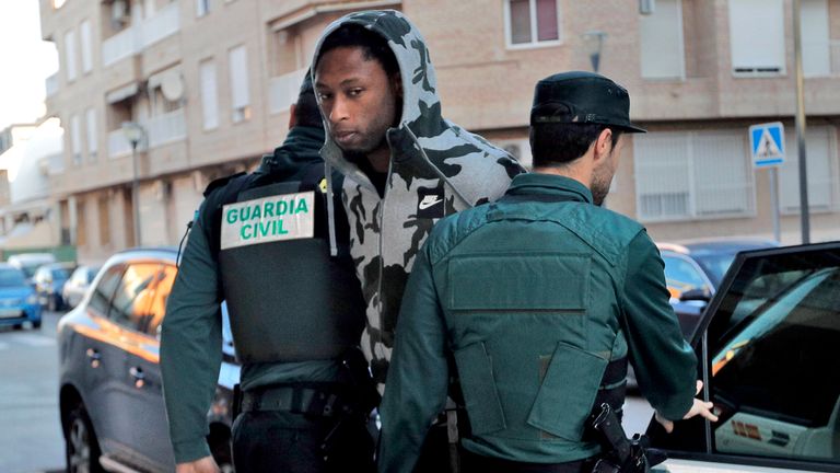 Ruben Semedo arrives escorted by Spanish Guardia Civil guards at the couthouse in Lliria,
