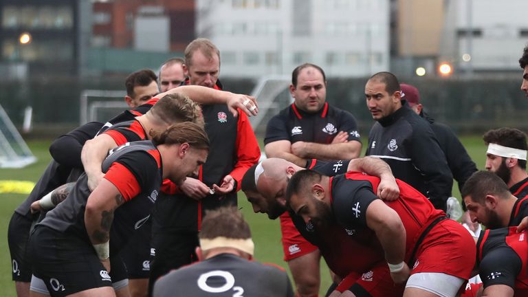 Captain Dylan Hartley watches on as the England pack scrummage against Georgia