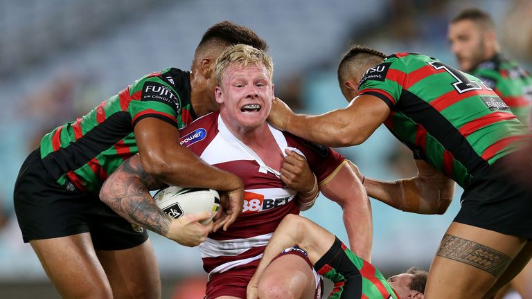 Former Rabbitoh Gabe Hamlin is closed down by the South Sydney defence