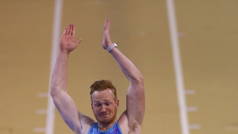 GLASGOW, SCOTLAND - FEBRUARY 25:  Greg Rutherford of Great Britain in action during the men's long jump during the Muller Indoor Grand Prix at Emirates Are
