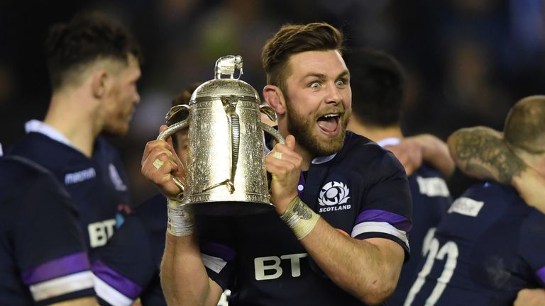 EDINBURGH, SCOTLAND - FEBRUARY 24:  Ryan Wilson of Scotland holds aloft the Calcutta Cup after victory in the NatWest Six Nations match between Scotland an