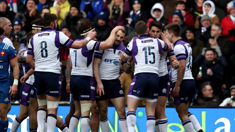 Scotland's Sean Maitland (second right) scores his side's first try of the game during the NatWest 6 Nations match at BT Murrayfield, Edinburgh.