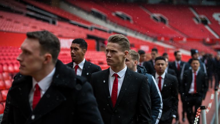 MANCHESTER, ENGLAND - FEBRUARY 06:  (EXCLUSIVE COVERAGE) Scott McTominay of Manchester United attends a service to commemorate the 60th anniversary of the 