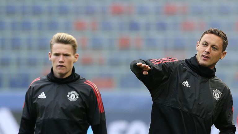 Scott McTominay and Nemanja Matic during a Manchester United training session