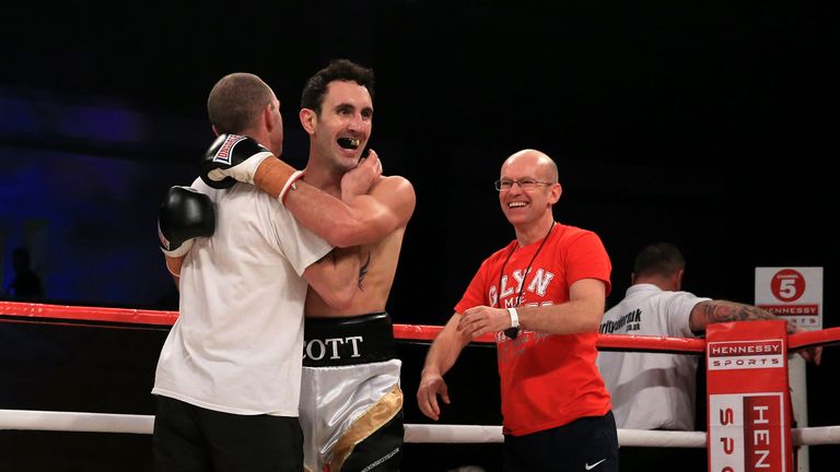 Scott Westgarth pictured in 2014 celebrates his win over Lee Nutland in their Light Heavyweight bout at City Academy, Bristol.