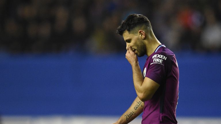 Manchester City's Argentinian striker Sergio Aguero reacts during the English FA Cup fifth round football match between Wigan Athletic and Manchester City 
