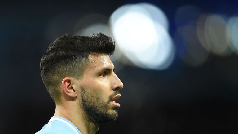 Sergio Aguero is pictured during the Premier League match between Manchester City and Leicester City at the Etihad Stadium
