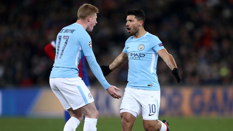 Sergio Aguero is congratulated by Kevin de Bruyne after putting City 3-0 ahead 