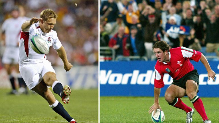 SYDNEY, AUSTRALIA:  filers combo picture: English fly-half Jonny Wilkinson (L) hits a penalty kick during the match against South Africa in Perth, on 18 Oc