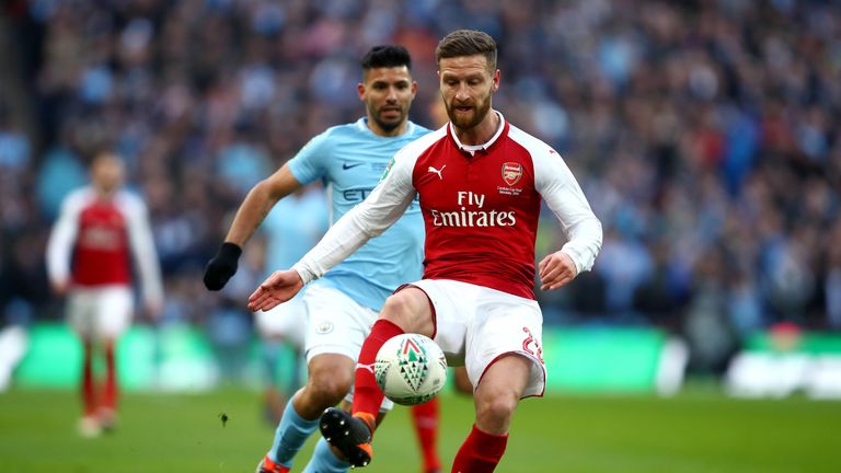 LONDON, ENGLAND - FEBRUARY 25:  Shkodran Mustafi of Arsenal in action during the Carabao Cup Final between Arsenal and Manchester City at Wembley Stadium o