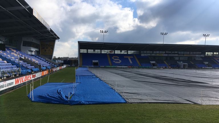 Shrewsbury's New Meadow pitch under covers - pic courtsey Shrewsbury Town FC