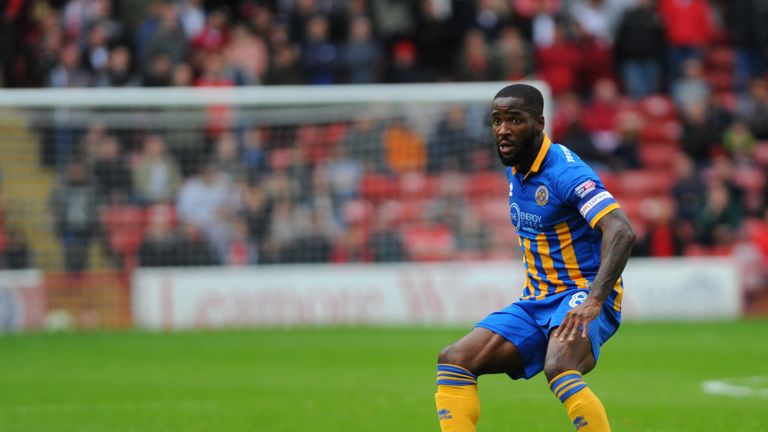 WALSALL, ENGLAND - OCTOBER 07: Abu Ogogo of Shrewsbury Town in action during the Sky Bet League One match between Walsall and Shrewsbury Town at Banks' Sta