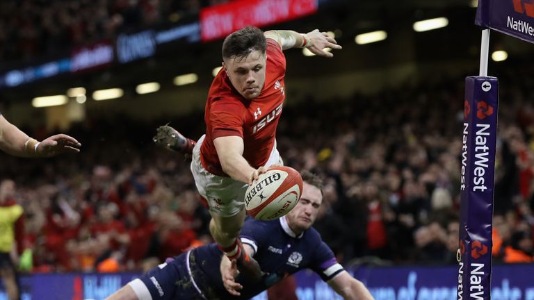 Steff Evans of Wales dives over for a second-half try against Scotland in the 2018 Six Nations Championship