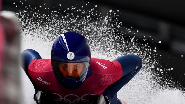 Britain's Laura Deas takes part in the women's skeleton training session at the Olympic Sliding Centre