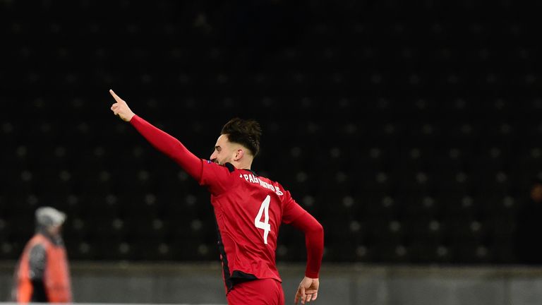 Ostersund's Sotirios Papagiannopoulos celebrates after socring the 0-1 during the UEFA Europa League group J football match Hertha BSC Berlin vs Ostersund 