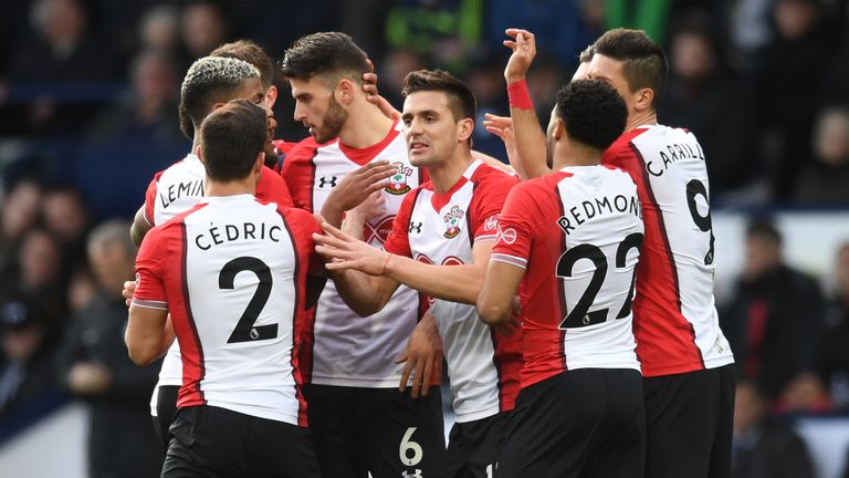 WEST BROMWICH, ENGLAND - FEBRUARY 17:  Pierre-Emile Hojbjerg of Southampton celebrates with teammates after scoring his sides first gocelebrates scoring hi