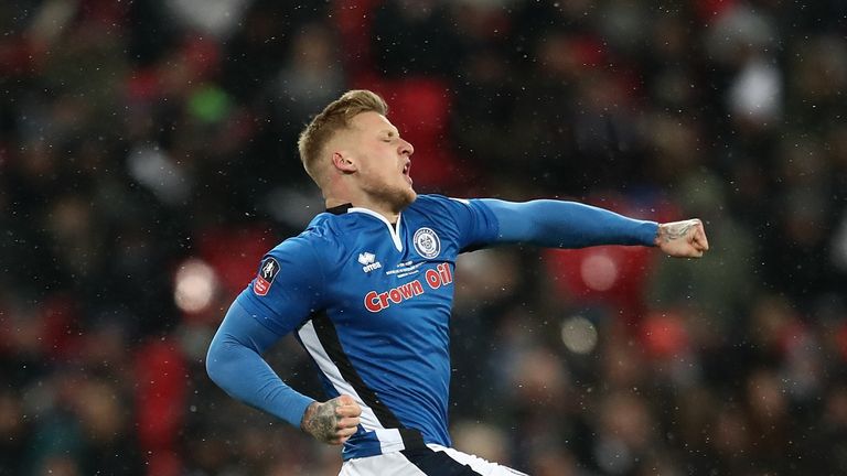 Stephen Humprhys celebrates after equalising for Rochdale