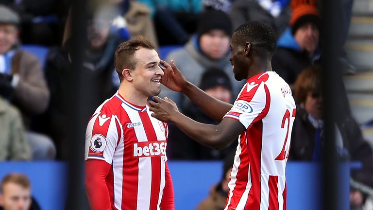 Xherdan Shaqiri celebrates his goal with teammate Badou Ndiaye