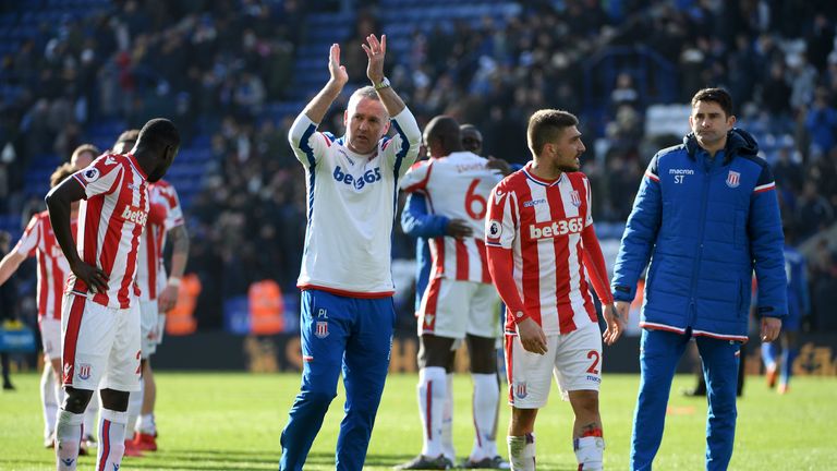 Paul Lambert applauds the Stoke fans after the draw at Leicester