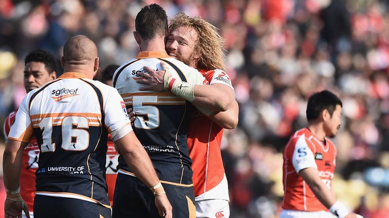 Willem Britz and Sam Carter after their Round 2 match - Sunwolves v Brumbies