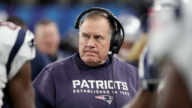 Bill Belichick looks during the first quarter in Super Bowl LII against the Philadelphia Eagles 