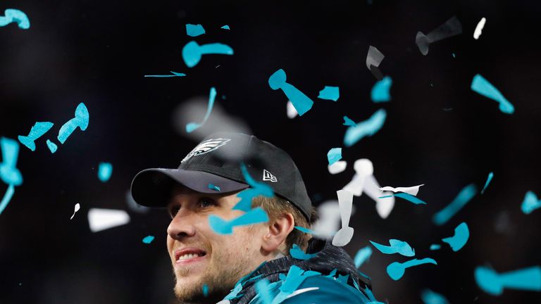 Nick Foles celebrates Philadelphia's 41-33 victory over the New England in Super Bowl LII