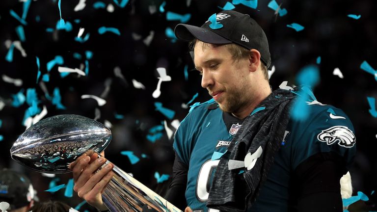 Nick Foles celebrates with the Lombardi Trophy after defeating the New England Patriots 41-33