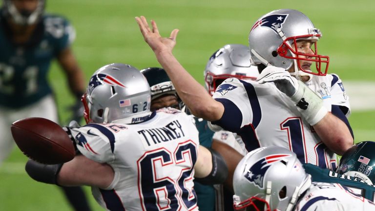 Tom Brady fumbles in the fourth quarter against the Philadelphia Eagles during Super Bowl LII