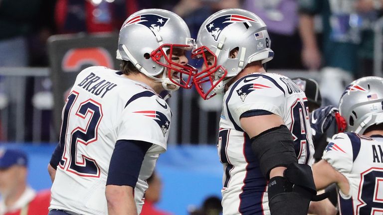 Tom Brady and Rob Gronkowski celebrate a 5-yard touchdown against the Philadelphia Eagles at Super Bowl LII