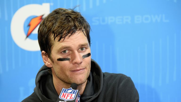 Tom Brady speaks to the media after losing 41-33 to the Philadelphia Eagles in Super Bowl LII