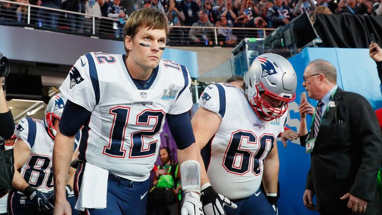 MINNEAPOLIS, MN - FEBRUARY 04:  Tom Brady #12 and David Andrews #60 of the New England Patriots take the field prior to Super Bowl LII against the Philadel