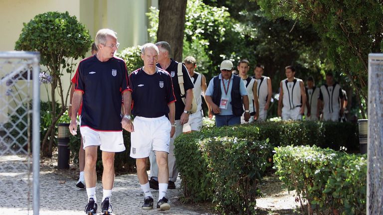LISBON, PORTUGAL - JUNE 15:  Sven Goran Eriksson, the England head coach, and his assisstant Tord Grip lead the squad into the training ground prior to the