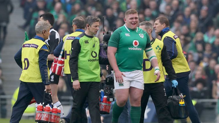 Ireland's Tadhg Furlong leave the field with an injury during the NatWest 6 Nations match at the Aviva Stadium, Dublin.