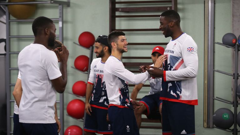BELO HORIZONTE, BRAZIL - JULY 29:  Joe Cordina and Lawrence Okolie of Great Britain share a joke during a Team GB Boxing media access session at Minas Tenn