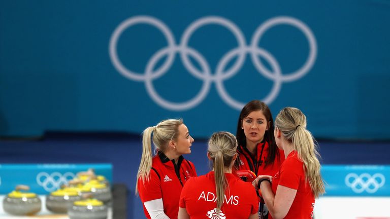 GANGNEUNG, SOUTH KOREA - FEBRUARY 24:  Eve Muirhead, Anna Sloan, Vicki Adams and Lauren Gray of Great Britain during the Curling Womens' bronze Medal match