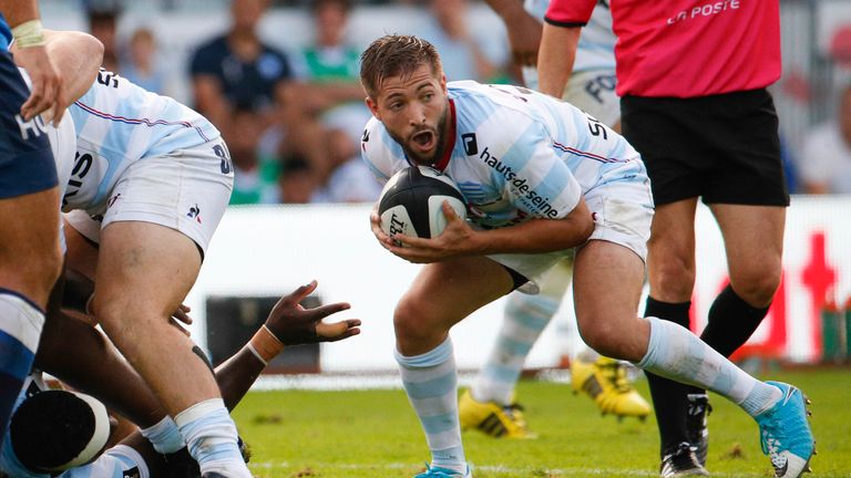 Racing 92's French scrum-half Teddy Iribaren holds the ball during the French Top 14 rugby union match Racing 92 vs Castres Olympique on August 26, 2017 at