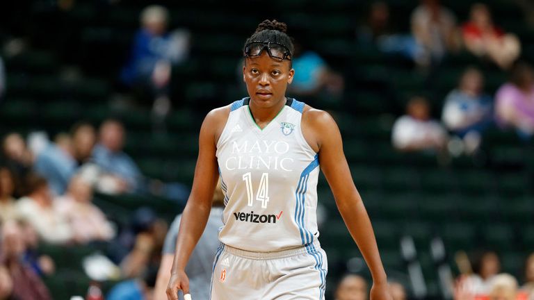 Temi Fagbenle #14 of the Minnesota Lynx looks on against Atlanta Dream in preseason WNBA game on May 5, 2017 at Xcel Energy Center in St. Paul, Minnesota.