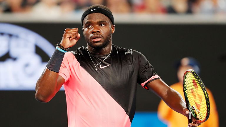 Frances Tiafoe of the US serves celebrates a point in his first round match against Juan Martin del Potro of Argentina 