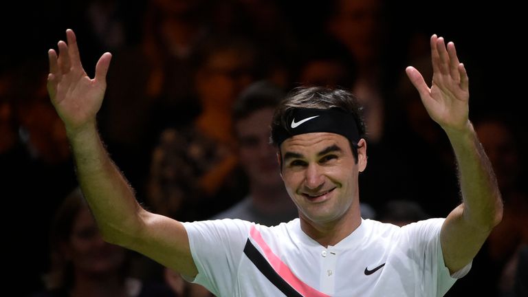 Roger Federer celebrates after victory over Robin Haase in their quarter-final singles tennis match for the ABN AMRO World Tennis Tournament
