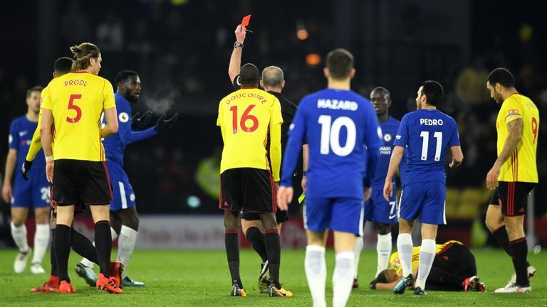 WATFORD, ENGLAND - FEBRUARY 05:  Tiemoue Bakayoko of Chelsea is shown a red card during the Premier League match between Watford and Chelsea at Vicarage Ro