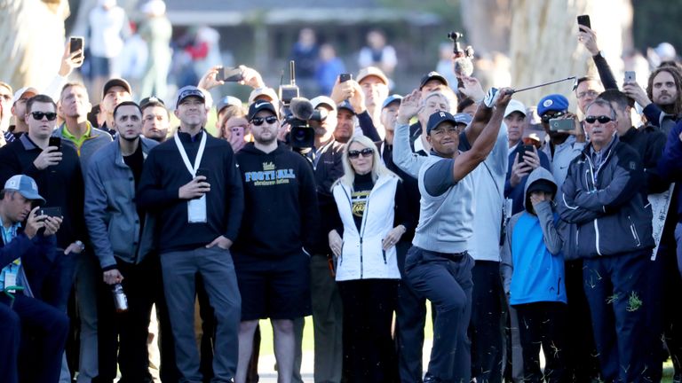 PACIFIC PALISADES, CA - FEBRUARY 15:  Tiger Woods plays his shot on the 15th hole during the first round of the Genesis Open at Riviera Country Club on Feb