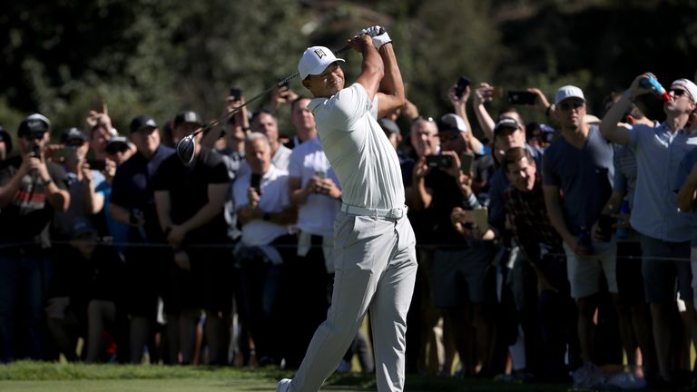 PACIFIC PALISADES, CA - FEBRUARY 16:  Tiger Woods plays his shot from the second tee during the second round of the Genesis Open at Riviera Country Club on