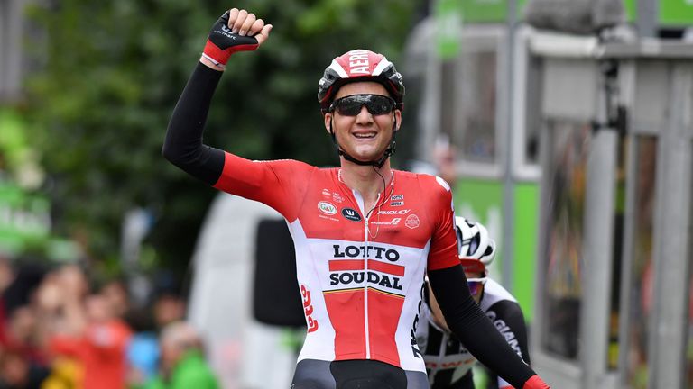 Belgium's Tim Wellens of Lotto Soudal celebrates as he crosses the finish line to win the sixth stage of the BinckBank Tour through Belgium and the Netherl