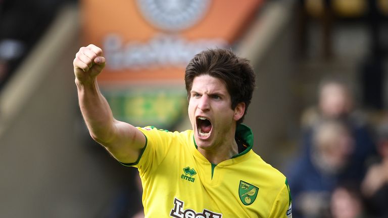 Norwich City's Timm Klose celebrates scoring a late equaliser for his side during the Sky Bet Championship match at Carrow Road, Norwich.