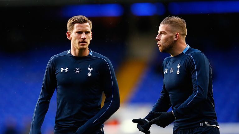 LONDON, ENGLAND - APRIL 25:  (L-R) Jan Vertonghen and Toby Alderweireld of Tottenham Hotspur warm up prior to kickoff  during the Barclays Premier League m