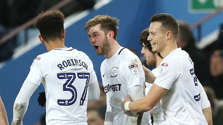 Preston North End's Tom Barkhuizen (second left) celebrates scoring his side's first goal of the game during the Sky Bet Championship match at Villa Park, 