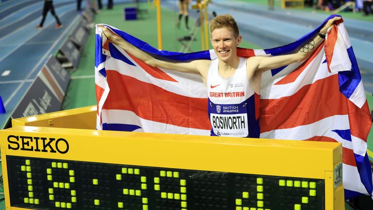 Tom Bosworth celebrates winning the mens 3000m walk final in a new GB record during day two of the British Athletics Indoor Team Trials, February 2017