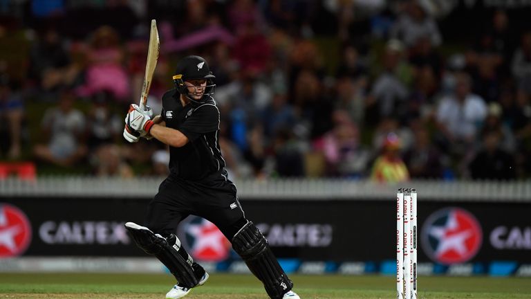 New Zealand batsman Tom Latham cuts to the boundary during the 1st ODI between New Zealand and England at Seddon Park