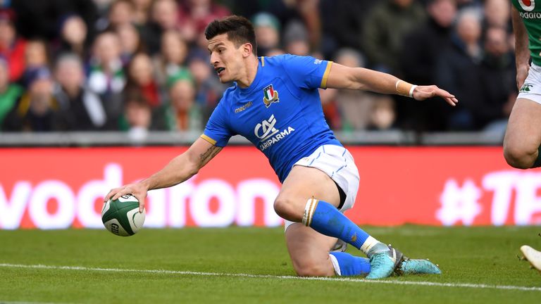 Tommaso Allan of Italy scores a second-half try during the NatWest Six Nations match 